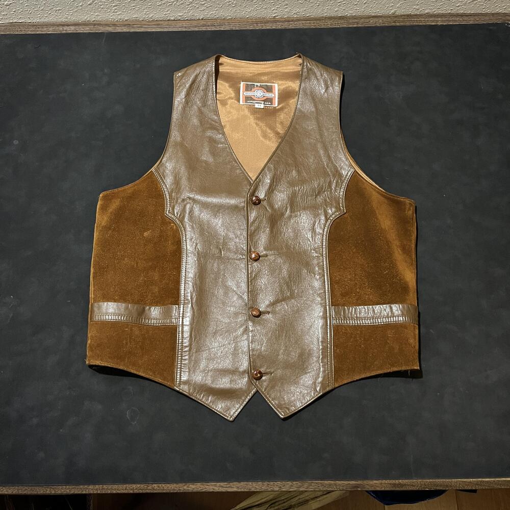 Vintage Pioneer Wear Leather Suede Vest Mens 44 Brown Western Cowboy 70s